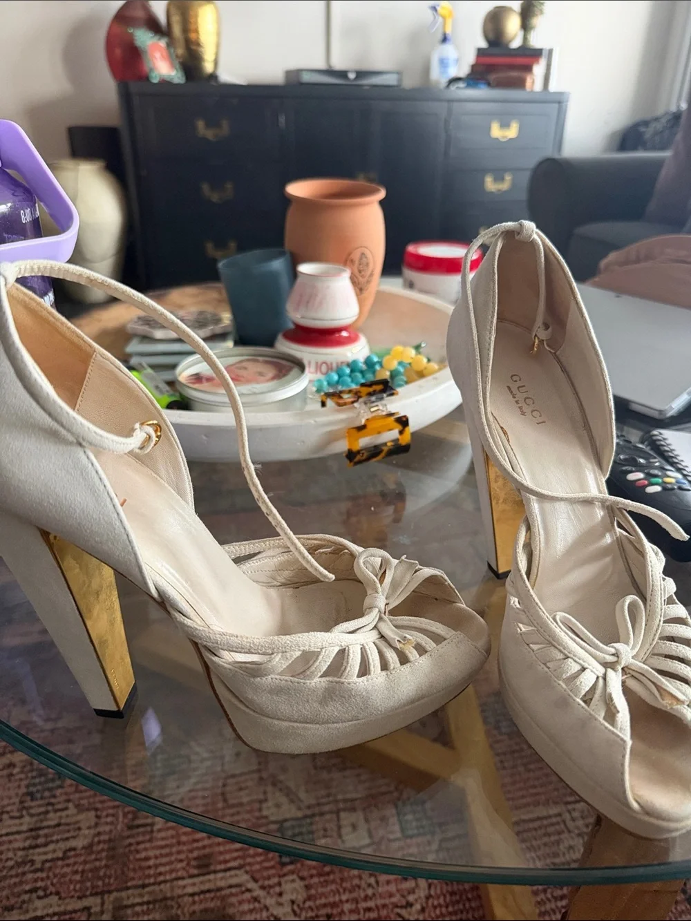 Gucci Cream Suede Peep-Toe Ankle-Tie Heels